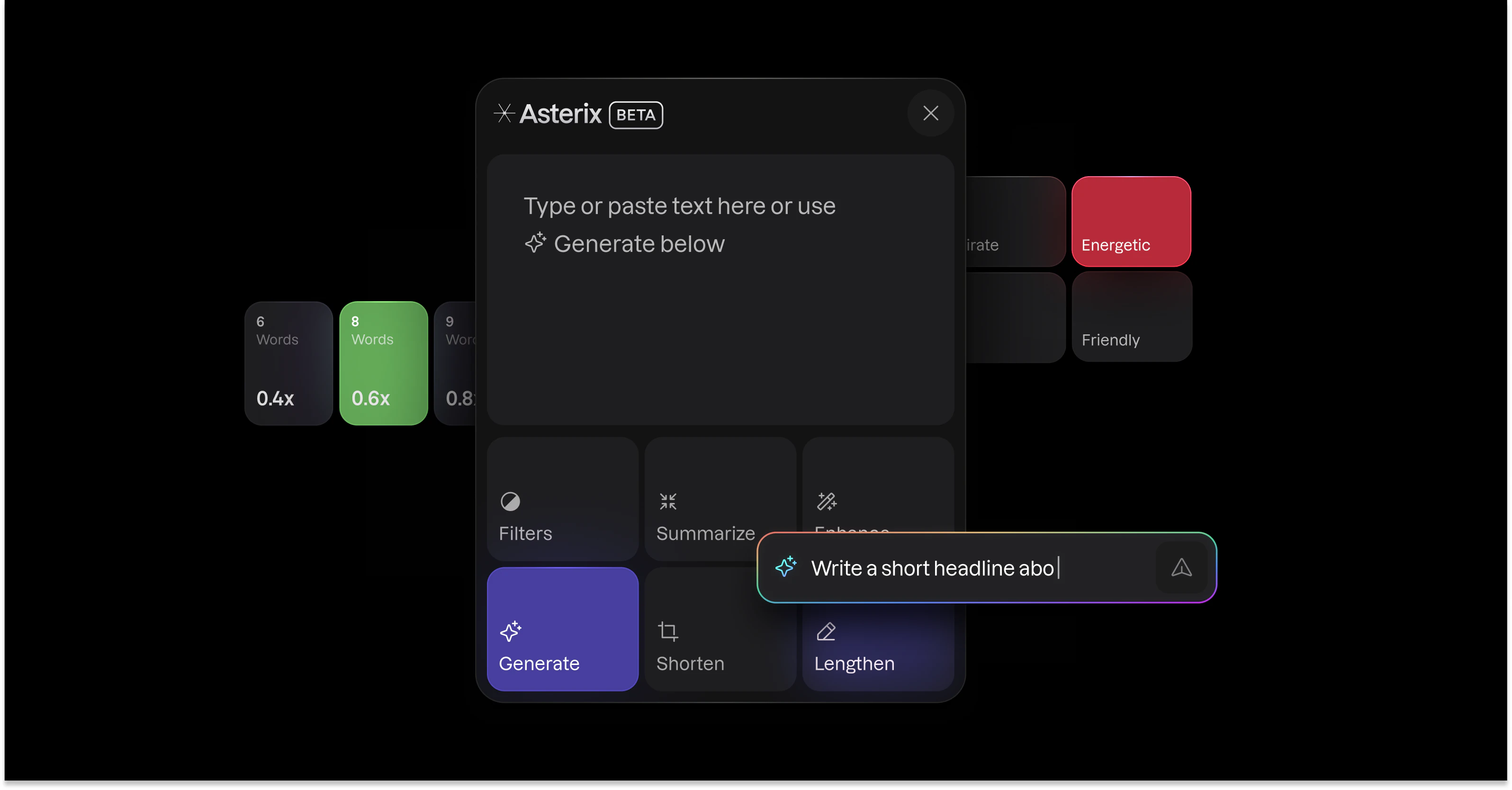Asterix editing controls floating above a dark desktop