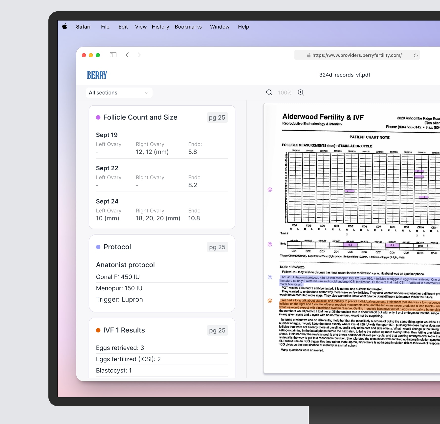 Berry Chart Scan organizing a long medical record into structured fertility data
